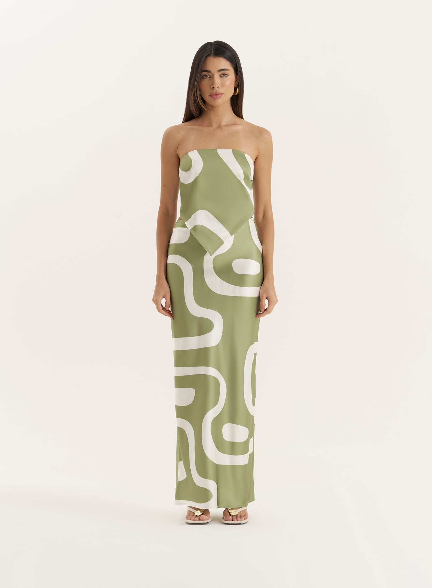 Green Abstract Print Satin Bandeau Top